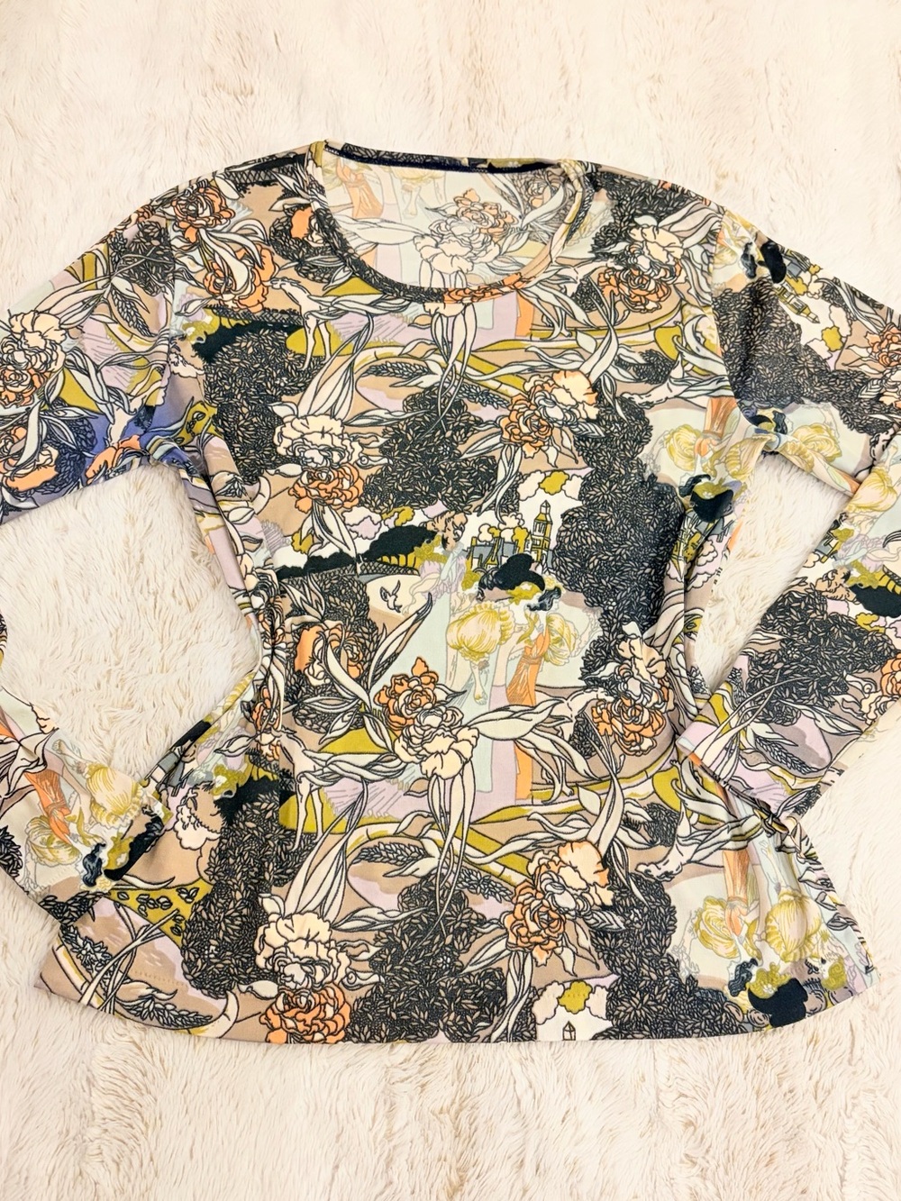 🎨 Vintage Y2K Whimsygoth Floral Scenic Print Top Fairycore Art Nouveau Grunge